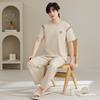 2025 Spring Summer Pure Cotton Solid Leisure Men's Pajamas Set Elastic Waist Boys Sleepwear Short Sleeve Tops and Long Pants Soft Pijama Home Wear