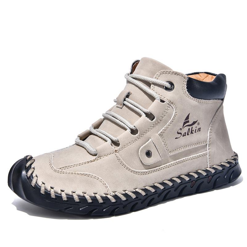 2025 large size men's color matching leather boots, men's fashion hand-stitched ankle boots flat-bottomed lace-up casual