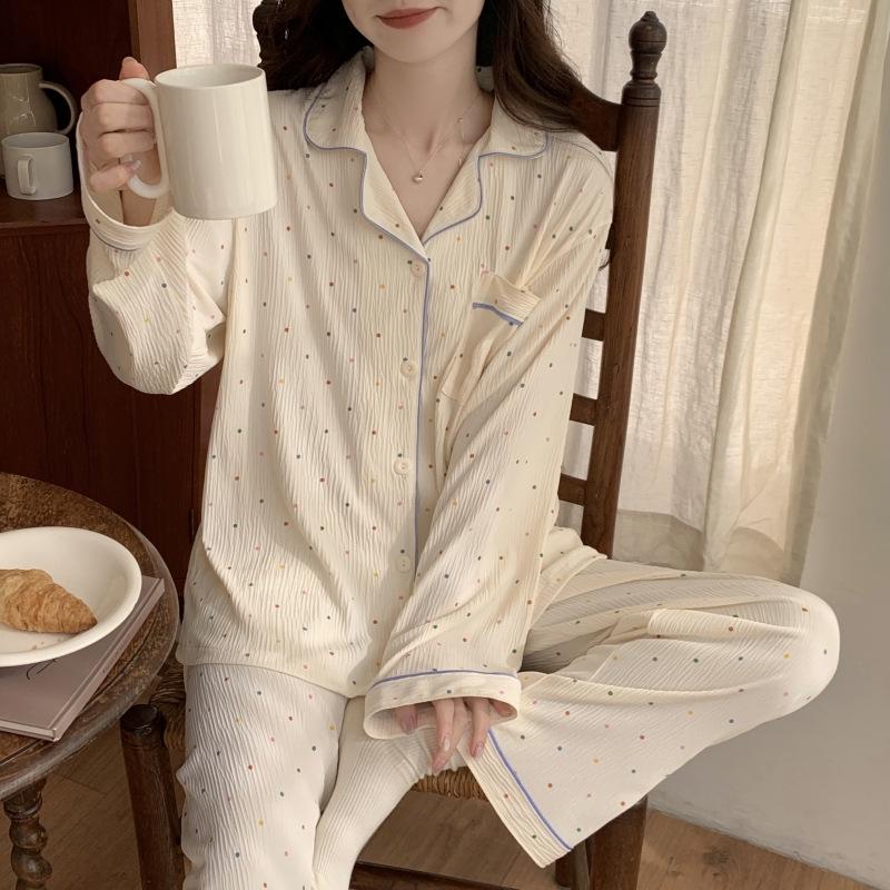 Women's 2024 Spring Polka Dot Pajama Set - Long Sleeve Cardigan and Pants In Casual Wrinkled Fabric