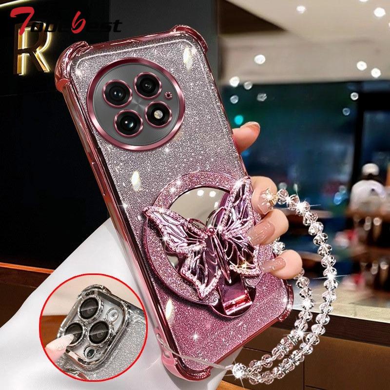 Glitter Butterfly Mirror Crystal Bracelet Case For Oneplus 13 13T 15 12 11 11R ACE 5 3 2 Pro Shockproof Plating Cover