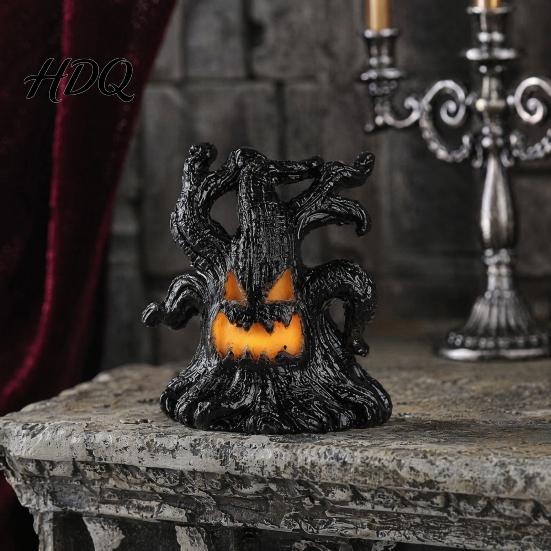 Three-dimensional Halloween Ornament Decoration, Ghost Face Tree Stump Lantern, LED Resin Spooky Decor Glowing Pumpkin Decor, Festival Atmosphere