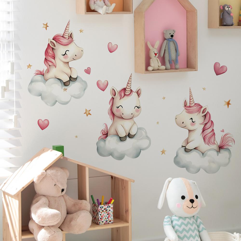 Adesivo da Parete Carino Unicorno Cuori Nuvole Autoadesivo Rimovibile Camera da Letto Soggiorno Corridoio Dormitorio Decorazioni per la Casa Arte