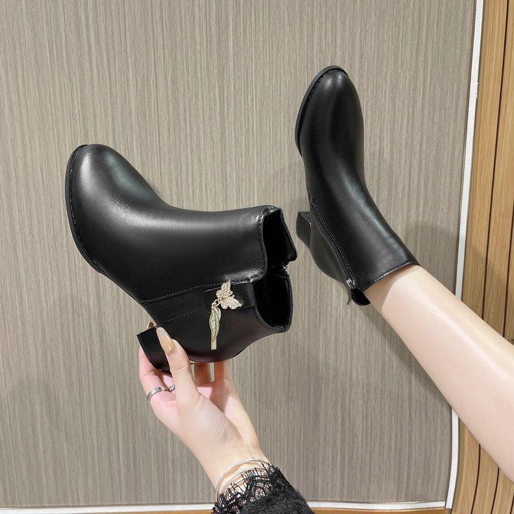 New Martin boots thick heel short boots autumn and winter temperament high heel black medium heel leather cotton boots