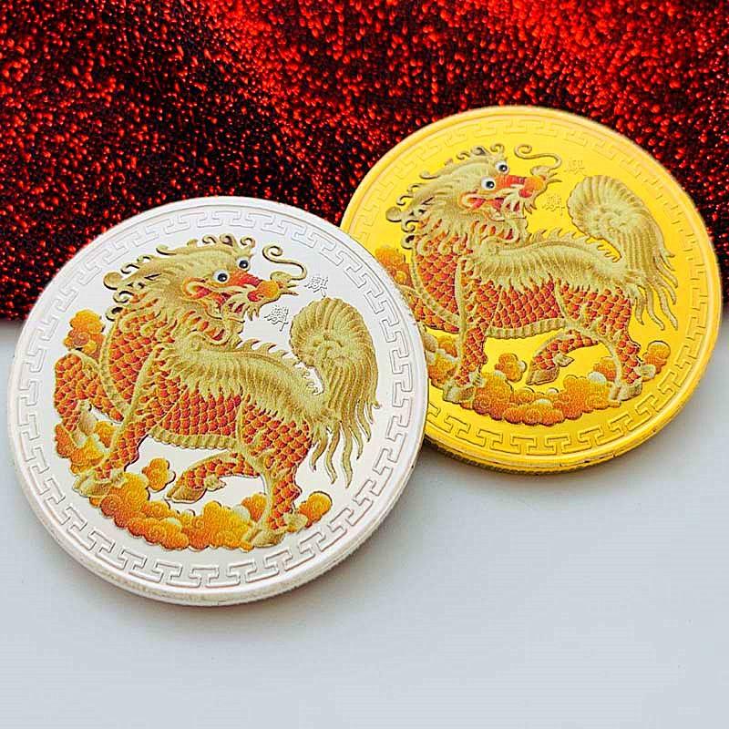 Chinese Qilin animal gold coins, painted commemorative medals, Hundred Blessings gold coins, coins, decorative commemorative coins