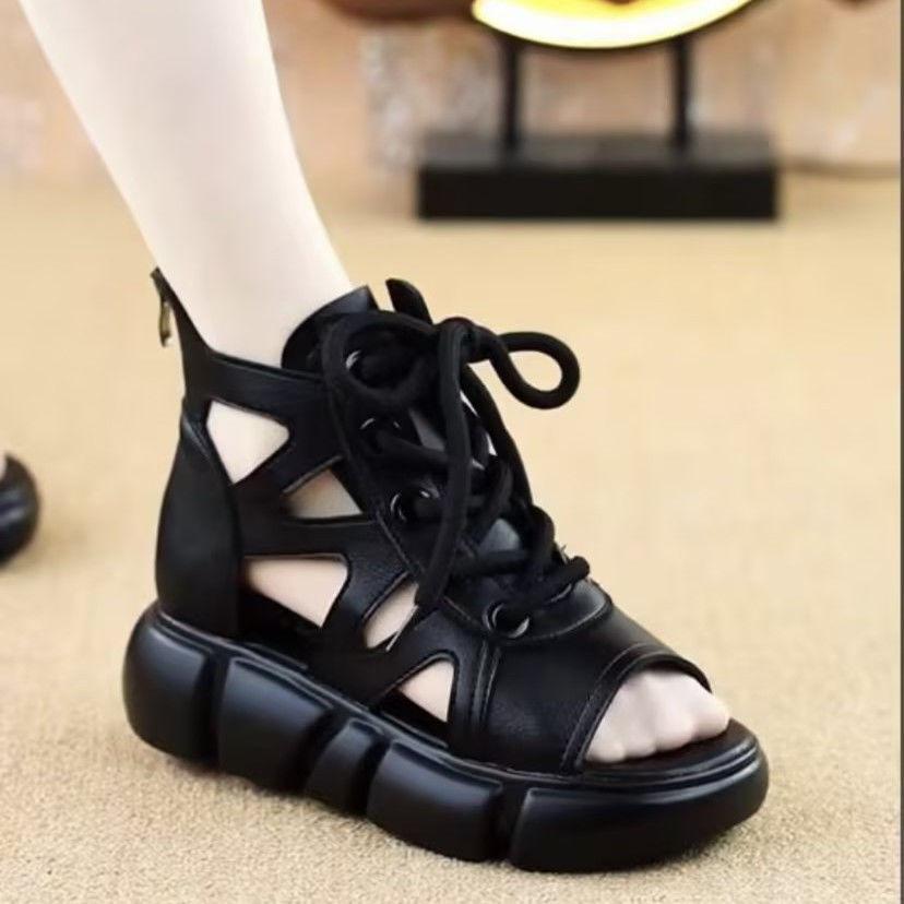 

High-top cool boots women s hollow breathable 2025 new summer thick-soled non-slip fish mouth boots bag and retro Roman sandals 35