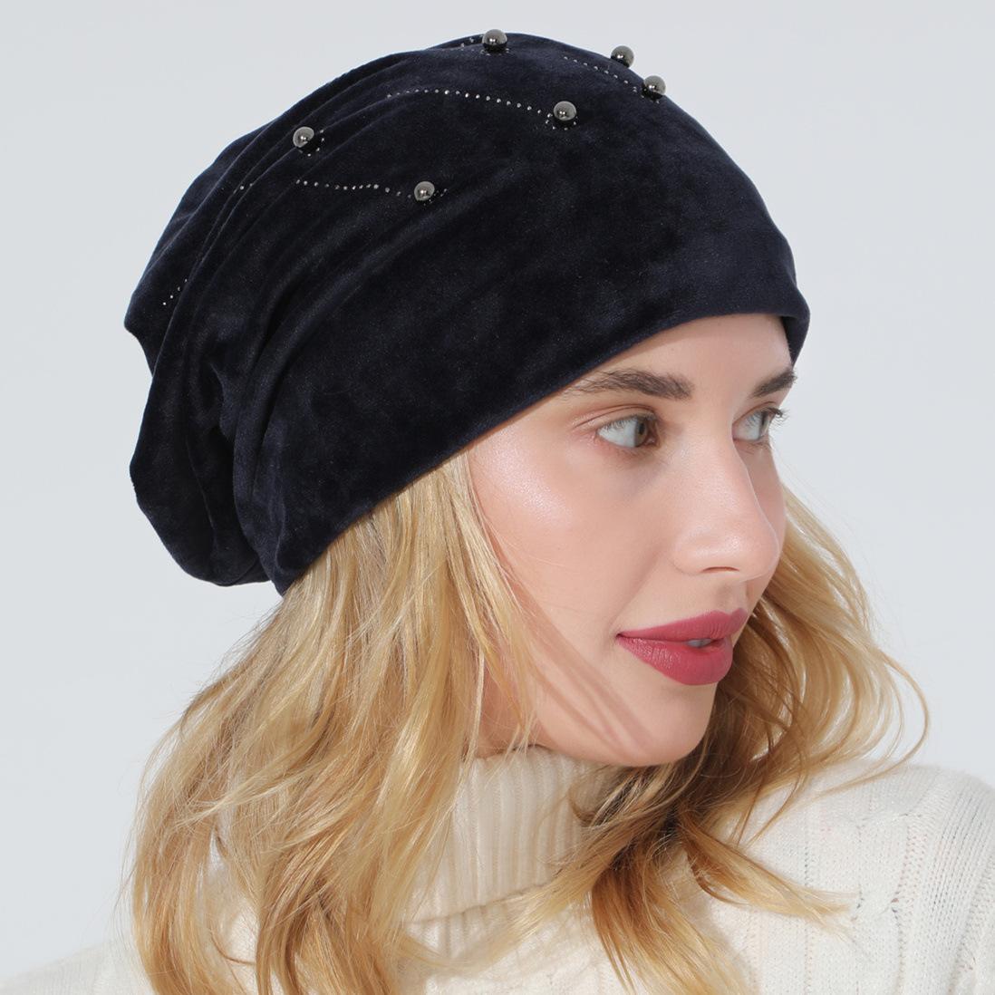 

Модная и универсальная двухслойная бархатная теплая послеродовая шапочка для женщин на осень и зиму с перламутровыми бусинами в виде ромбов one size