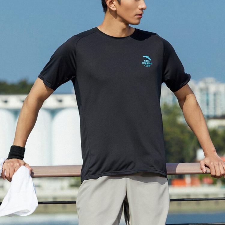 Anta Breathable Quick-Dry Crew-Neck Slim-Fit Straight-Cut Short-Sleeve T-Shirt Men Tops Black 952225107-6