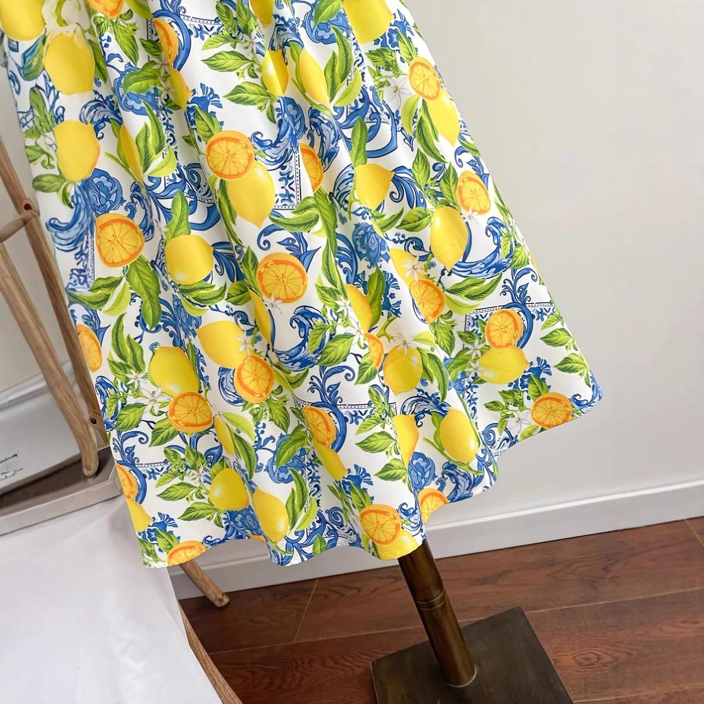 Fresh Lemon Print Suspender Skirt Retro Blue-green Embellishment, Waist-exposed Design Outlines Graceful Figure, Summer Eye-catching