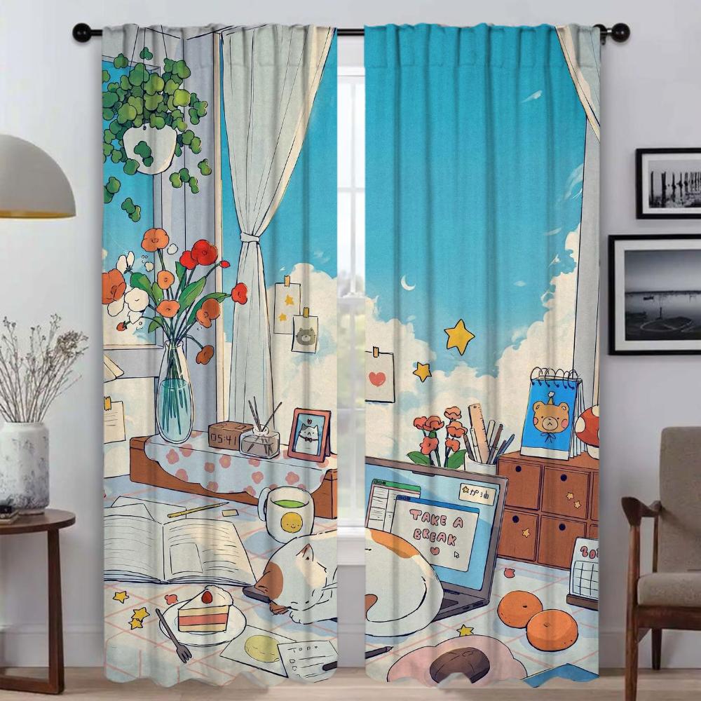 

Set Of 2 Kawaii Life Tulle Bedroom Kitchen Curtains Camera Home Interior Window Curtain Shades Partition Room For Sleeping Area Made Polyester W100*H130(CM)-Hooks&2PCS