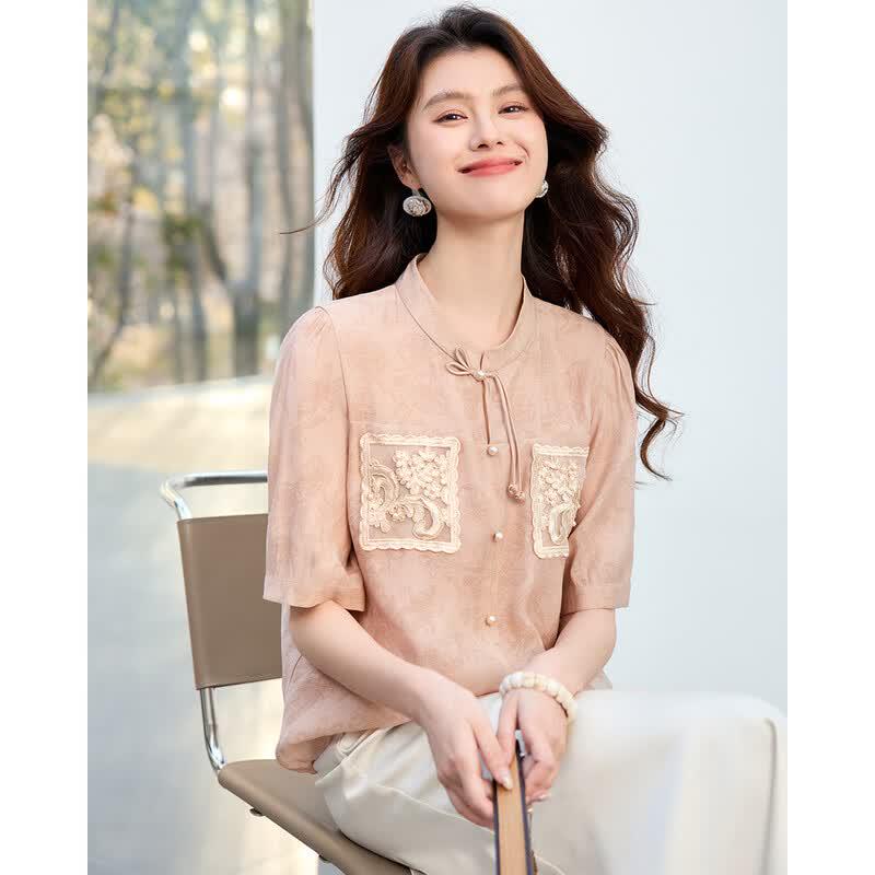 Sanpowa Elegant Chinese Style Short-Sleeve Blouse M