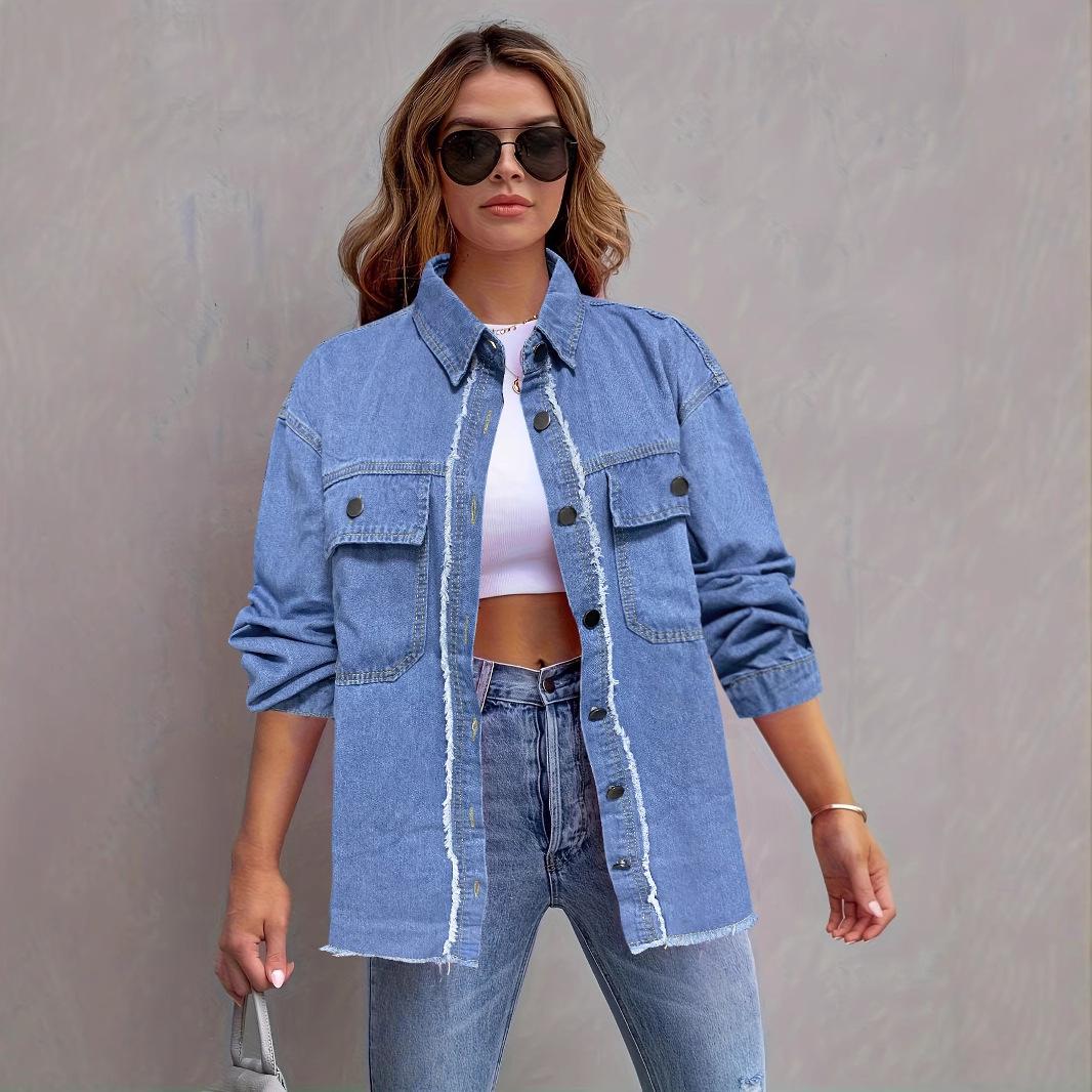 

2026 European & American Style Women s Loose Denim Jacket with Raw Edge Lapel - Trendy Casual Top In Stock Large