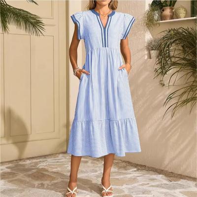 European & American Style Women's Striped V-Neck Short Sleeve Long Dress (2026)