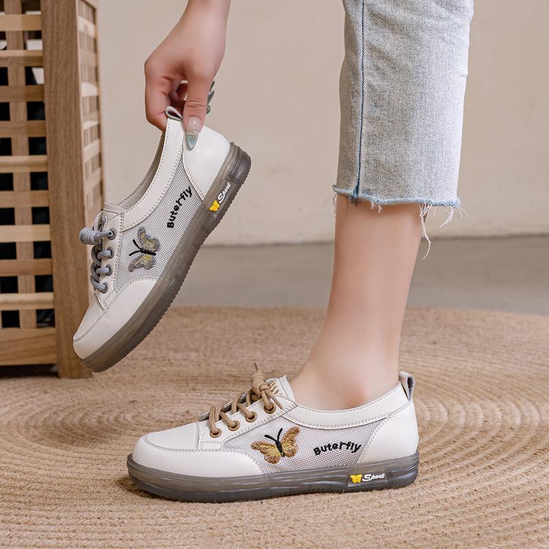Women's White Leather Slip-On Sneakers - Spring/Autumn, Soft Sole, Butterfly Design, Casual Flats, Plus Sizes Available