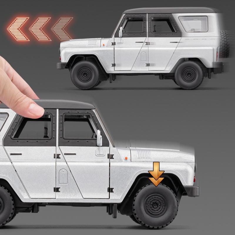 1:18 Russian Vaz Hunter Alloy Off-road Vehicle Model Sound and Light Pull Back Simulation Car Ornament Children's Toys