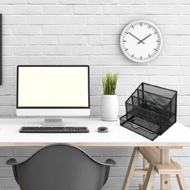 Desktop Metal Pen Organiser with Drawer 5 Compartments Desk Storage Tray Large Capacity Pen Container For Office School