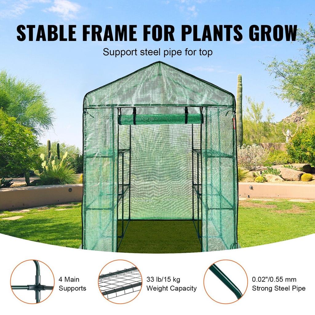 Walk-in Green House, 4.6 X 4.6 X 6.6 Ft Greenhouse with Shelves, Set Up In Minutes, High Strength PE Cover with Doors & Windows and Steel Frame,