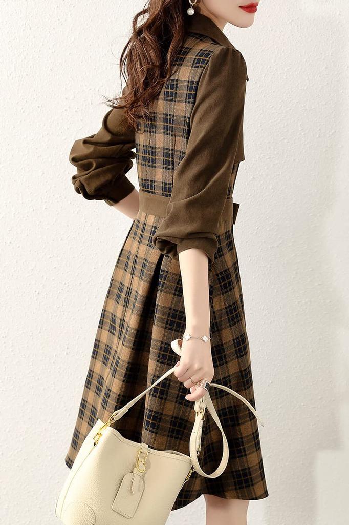 Chubikime Shirt Long Check Midi Ribbon Stylish for and Spring Women's Dress, Sleeve, Pattern, Length, A-Line, Detail, Turn-Down Collar, Elegant,