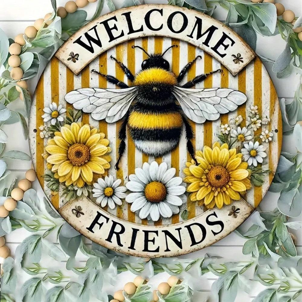 Metal Wall Art Welcome Bee Sign Vintage Home Bar Decor