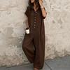 Womens Short Sleeve Button Down Loose Fit Jumpsuit Casual Wide Leg Romper with Pockets for Daily Wear