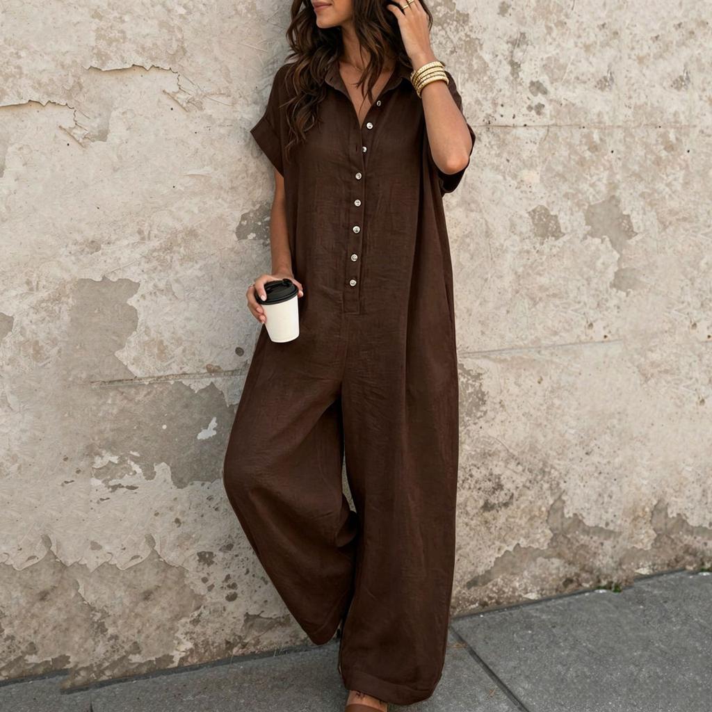 Womens Short Sleeve Button Down Loose Fit Jumpsuit Casual Wide Leg Romper with Pockets for Daily Wear