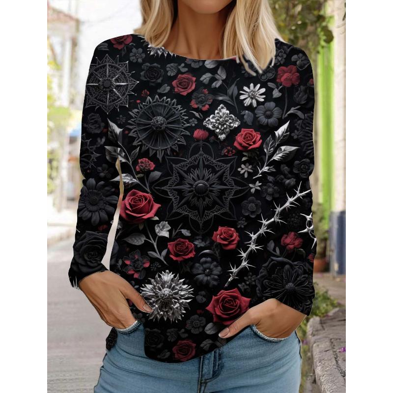 

Mode femmes manches longues fleur T-Shirts Y2K à manches longues vêtements décontracté vacances cadeau vêtements mode fête T-Shirt S