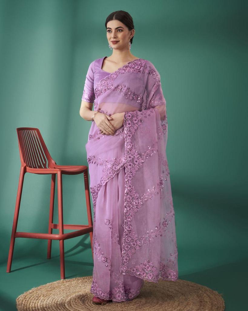 Women's Organza Silk Embroidered Saree with Mono Diamond Silk Blouse | Designer Sequins Wedding Party Saree