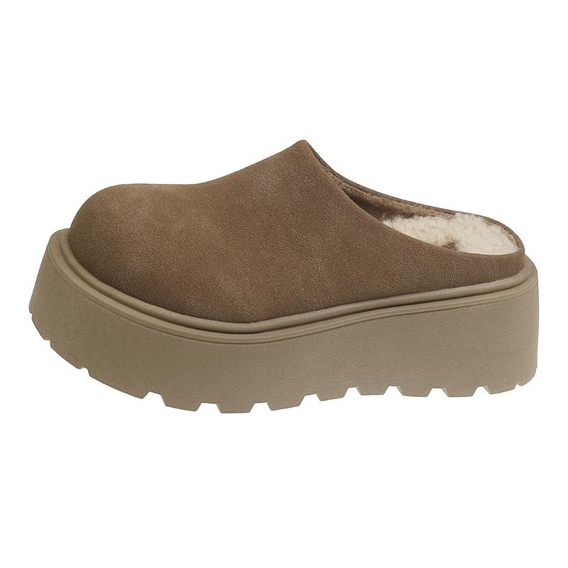 Women Fur Platform Half Slippers Woman Retro Suede Warm Shoes Autumn New Outdoor Design Thick-bottom Increase Cotton Slippers