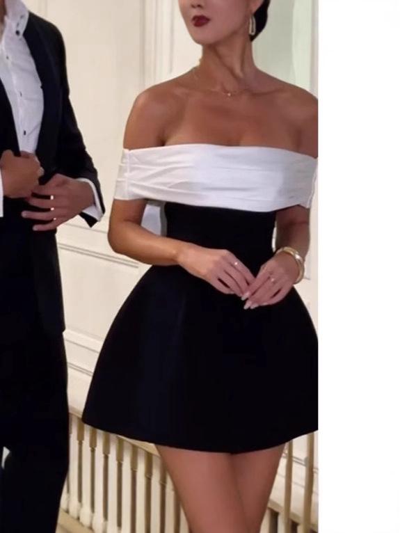 European & American Style Black & White Asymmetrical Bow Dress - Trending INS Influencer Fashion for Women