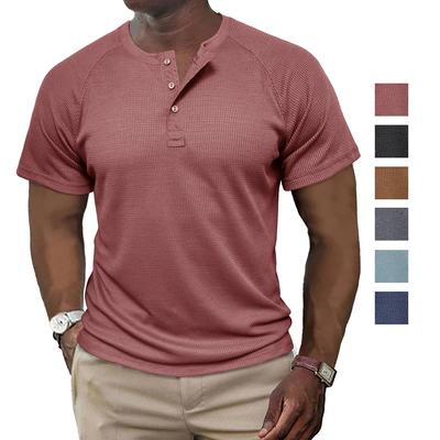Erkek Henley Gömlek Waffle Kısa Kollu Yuvarlak Yaka Örgü Tişört Yaz Kazaklar Günlük Tatil Günlük Giyim