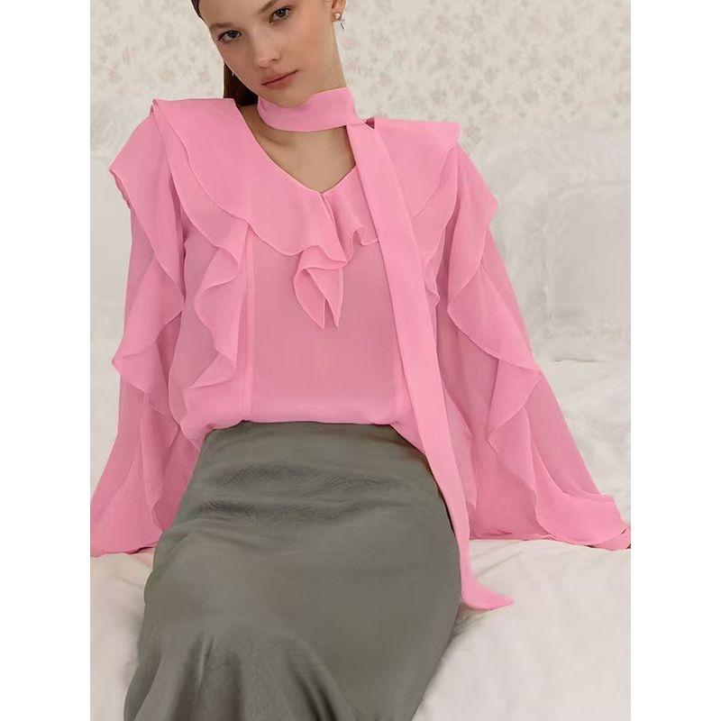 Fashion New Arrival V-neck Flounce Long Sleeves Loose Shirt Easiest for Match Tops V-Neck Lotus Leaf Shirt