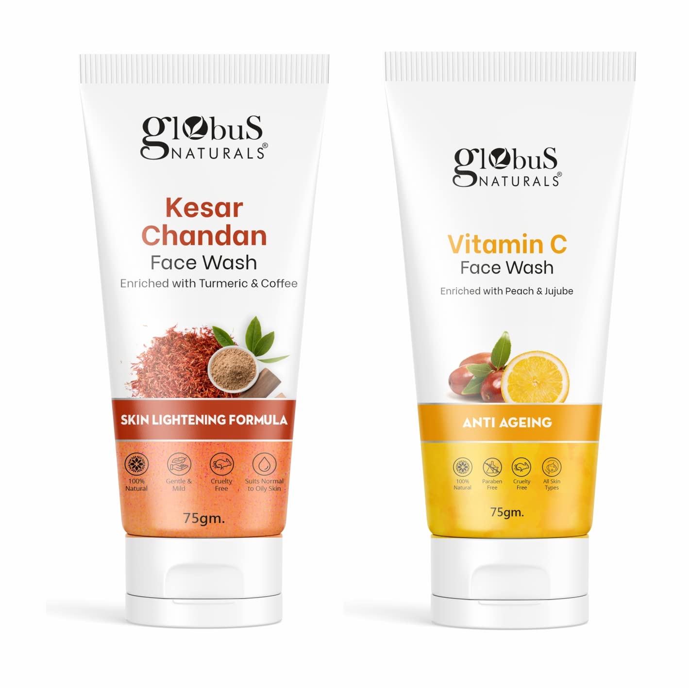 Набор Globus Naturals для умывания лица для осветления кожи и удаления темных пятен, подходит для всех типов кожи, набор из 2 шт., Гель для умывания с витамином C и Кешмадан