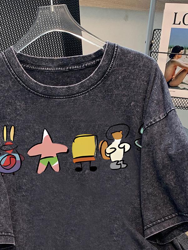 Unisex SpongeBob Print Chinese Style Summer Short Sleeve Casual Top