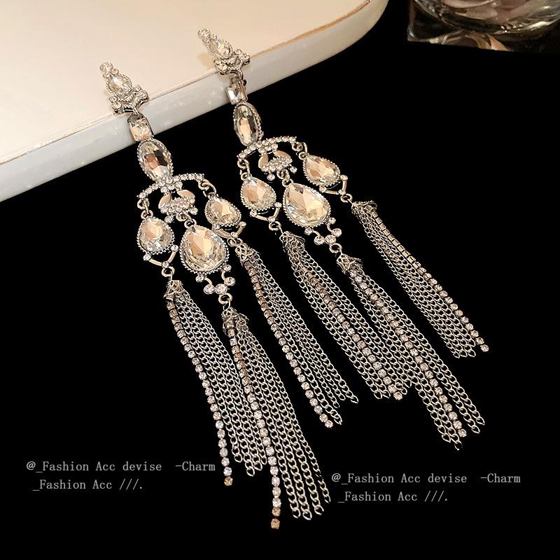 Silver needle with diamonds, water drop fringed earrings, super fairy light luxury temperament exaggerated earrings, high-end exquisite jewelry women