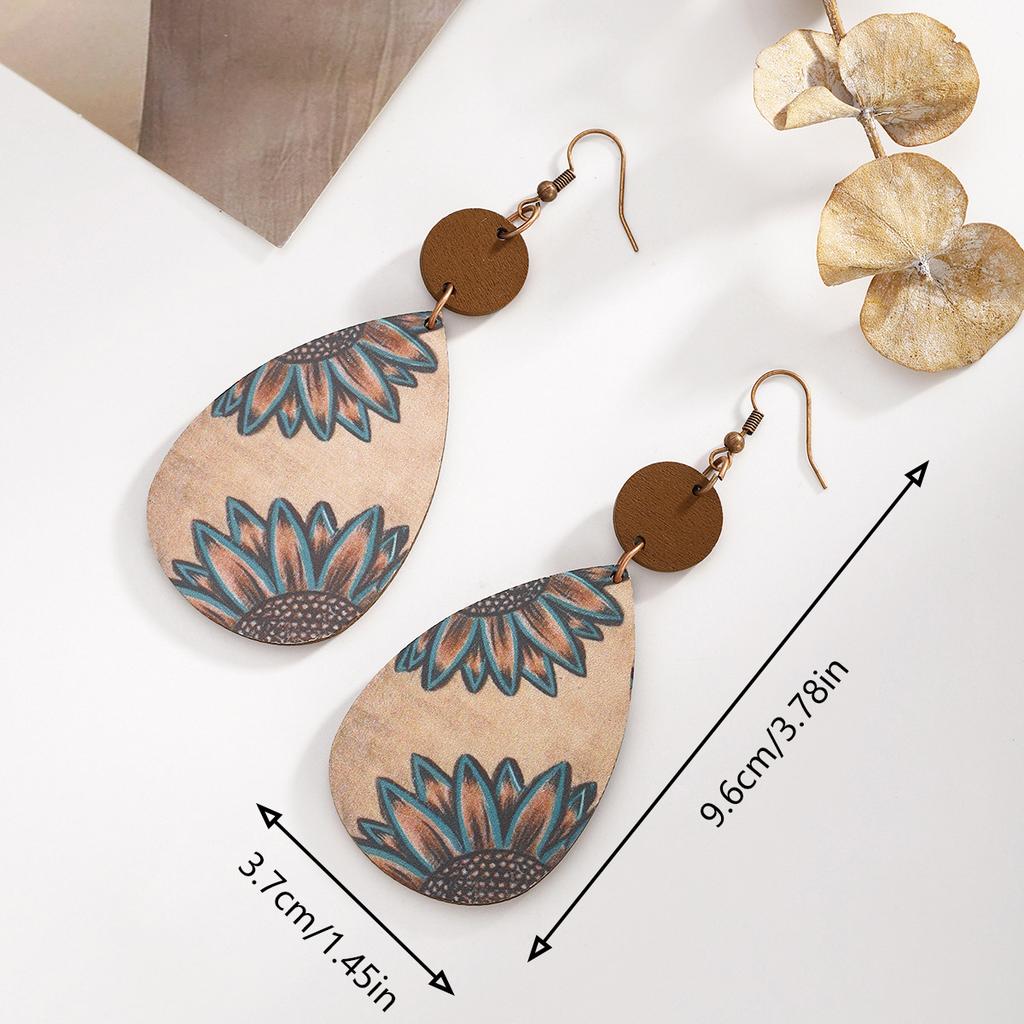 Personalisierte geschnitzte Sonnenblumen-Retro-Holzchip-Wassertropfen-Ohrringe, kreative Spleiß-Ohrringe, Ohrringe