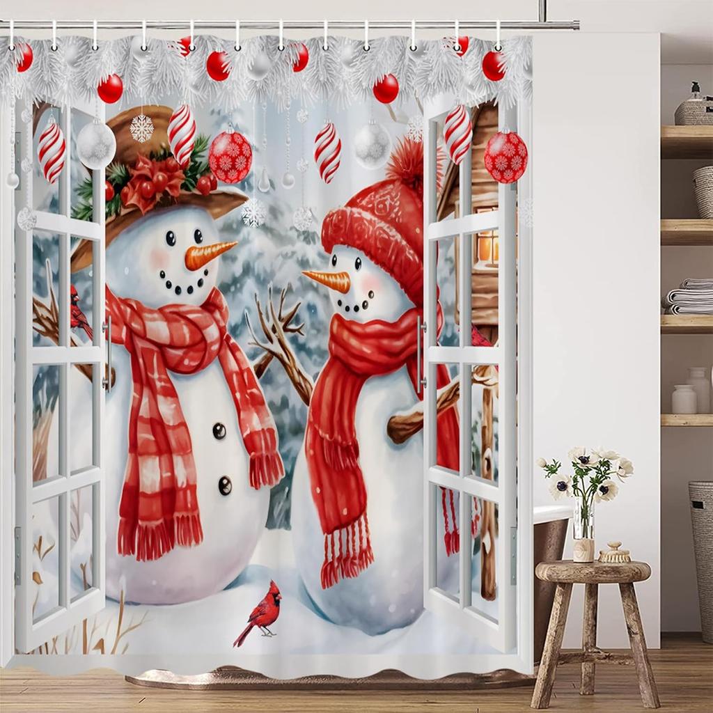 Christmas Shower Curtain Snowman Xmas Tree Farm Barn Truck Red Bird Snowflake Winter New Year Decor Bathroom Curtains Set with Hook 70X70 Inch