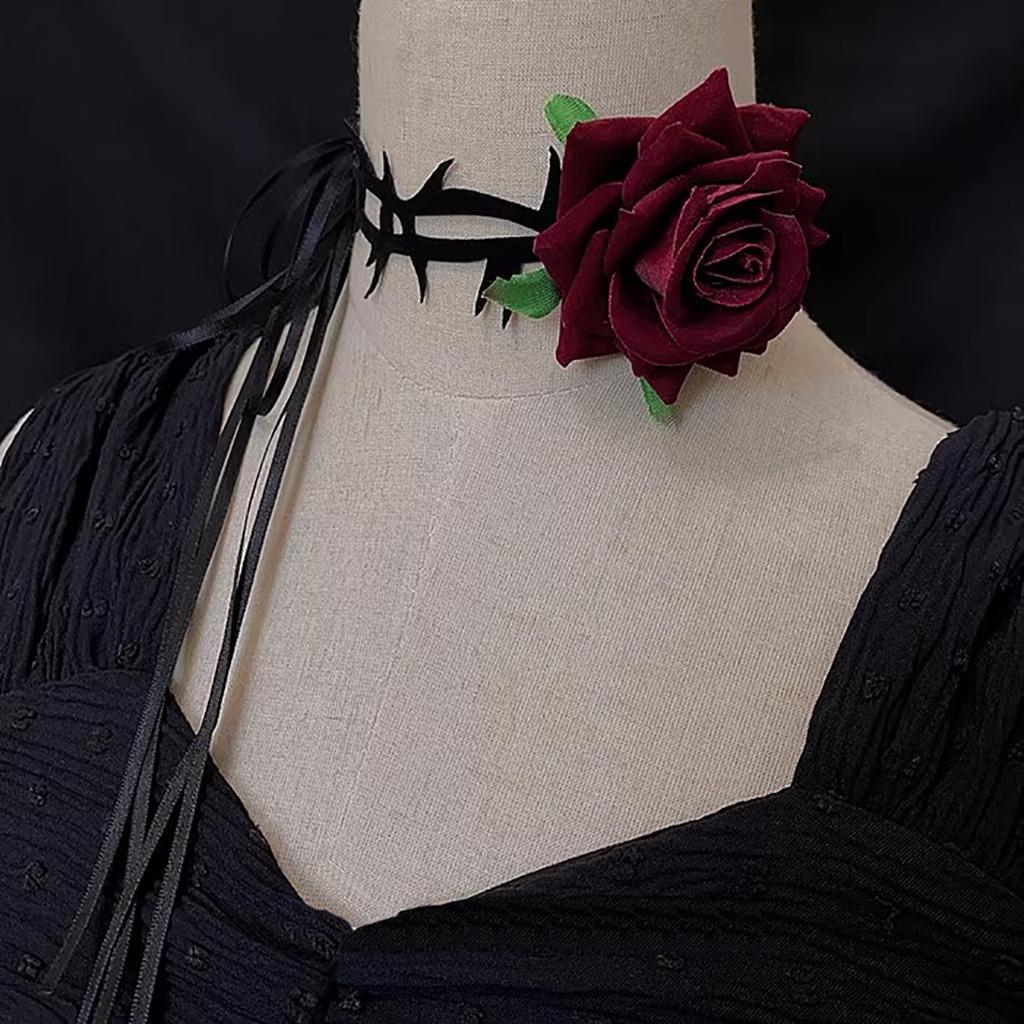 Dark tie Gothic Black Bramble Red rose choker Neck Strap Choker Necklaces Lace Neck accessories Necklace Women's accessories