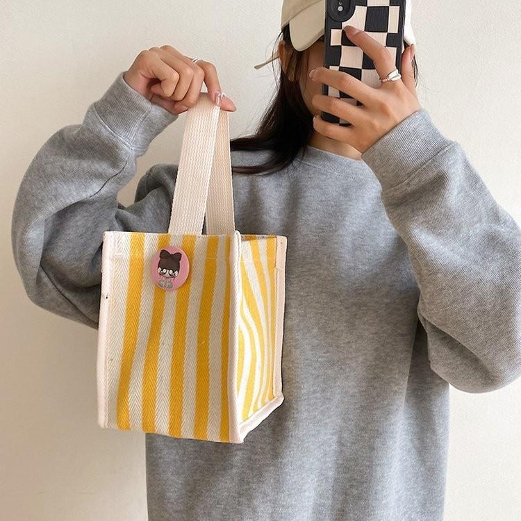 Stylish Colorful Striped Nylon Shoulder Tote Bag For Women Trendy Handheld Lunch Bag