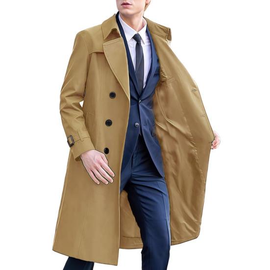 Men Windbreaker Lapel Long Sleeve Double Breasted Mid-Length Coat Solid Color Casual Business Outerwear