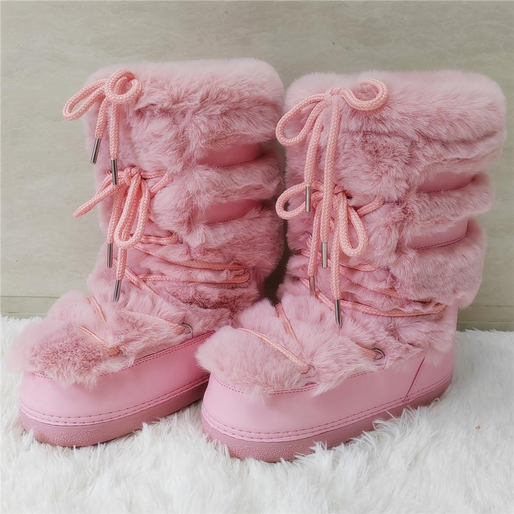 Faux Fur Boots for Women Warm Comfortable Woman Ski Boots  Winter Middle Claf Lace-up Waterproof Platform Snow Boots Black