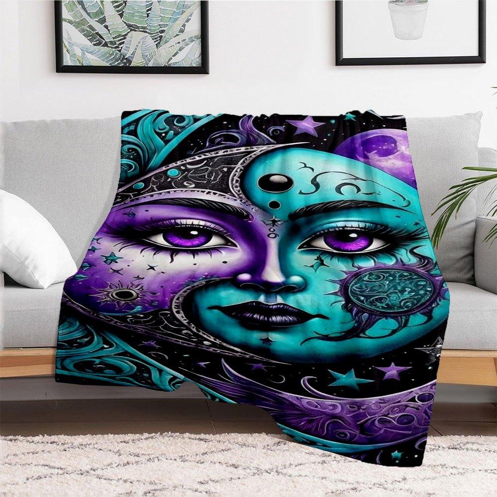 "Starry Night Moon Face Art Print - Celestial Wall Decor"Blanket Flannel Throw Blanket for Sofa, Bed, Travel, Camping, Office