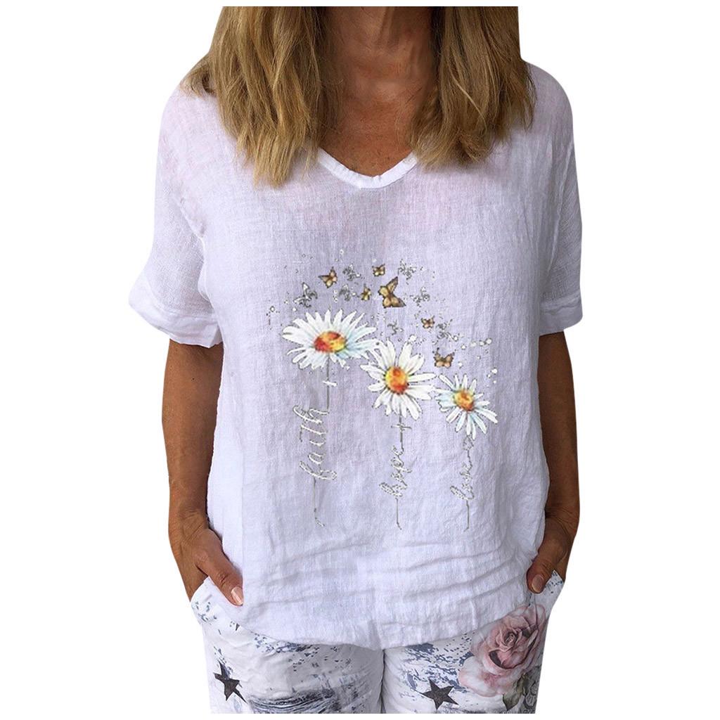 Women's Casual Print Cotton And Linen  Short Sleeves T-Shirt Blouse Tops