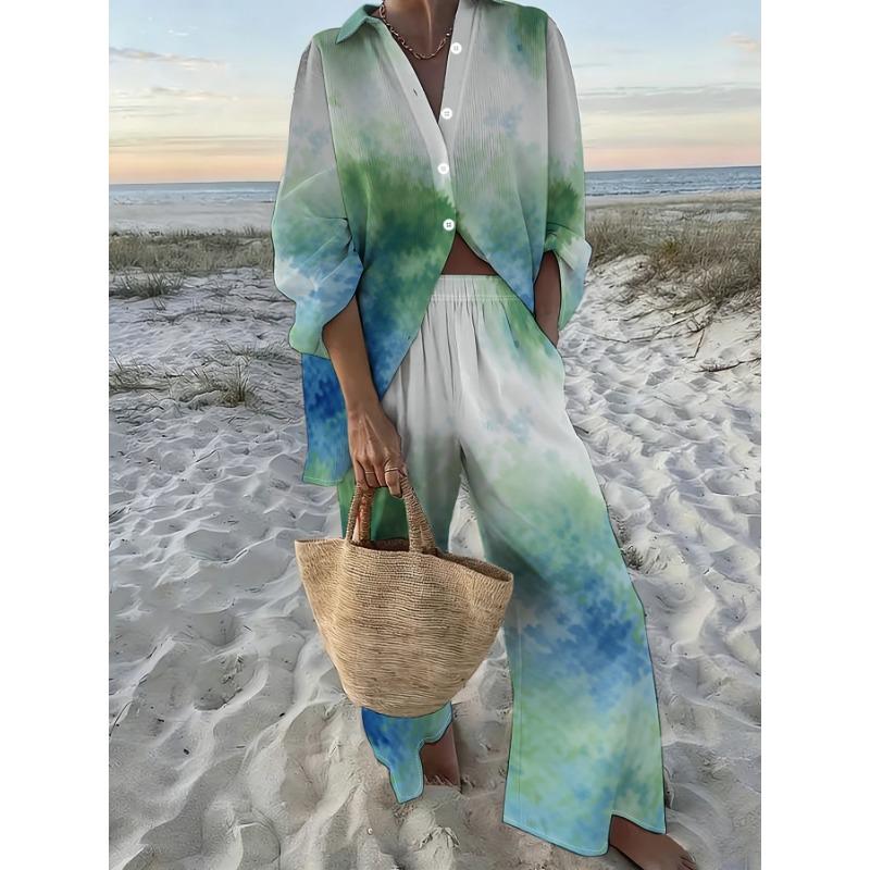 Natural Style Suit, Women's Loose Shirt, Wide-leg Pants Two-piece Set, Ink Gradient Print Casual Long-sleeved Trousers Suit