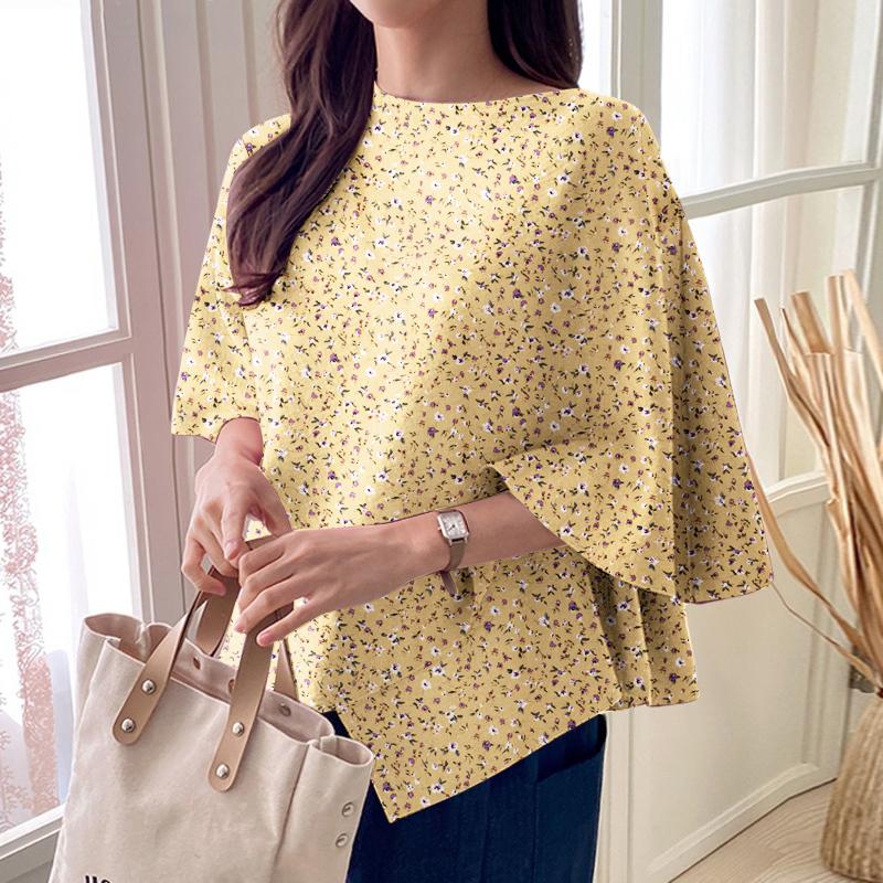 ZANZEA Women Casual Round Neck Floral Print Cape Shape Short Sleeve Blouse