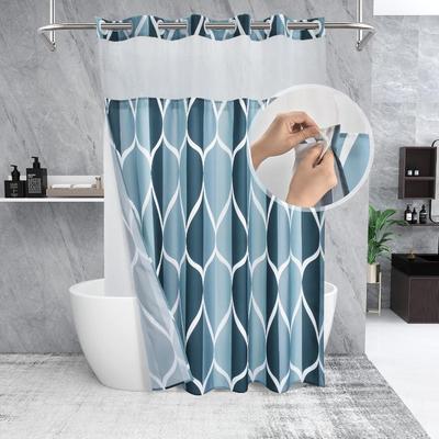 No Hook Aegean Blue Shower Curtain with Snap In Fabric Liner Set - Hotel Style with See Through Mesh Top Window