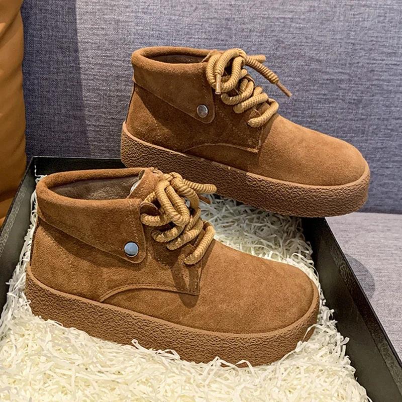 Semiš Platforma Dámské Kotníkové boty Ploché Módní Boty Žena 2025 Trend Zima Nový návrhář Chůze Útulný Ležérní Dámské Snow Botas