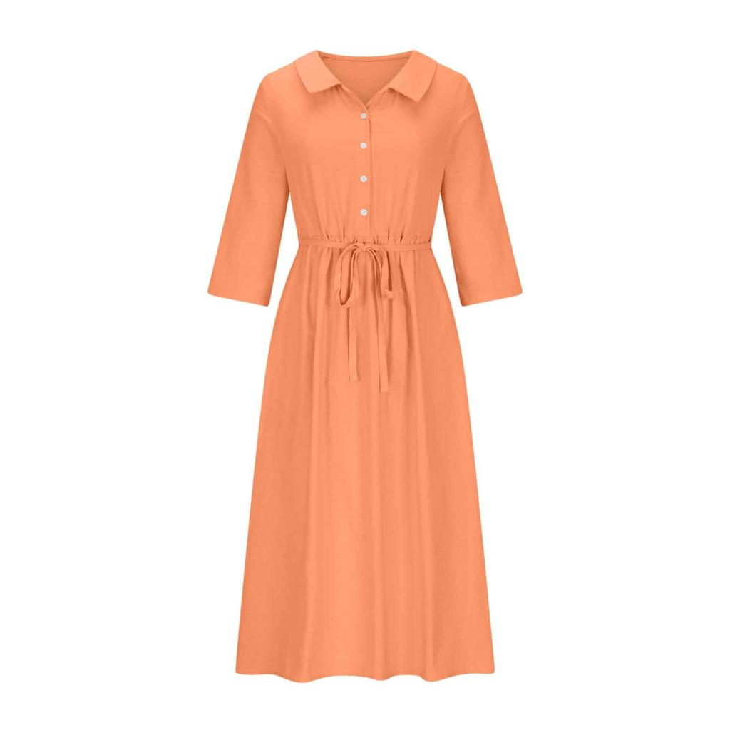 2026 Summer Trendy Lapel Dress: Cotton & Linen, Five-Point Sleeve, Long Skirt