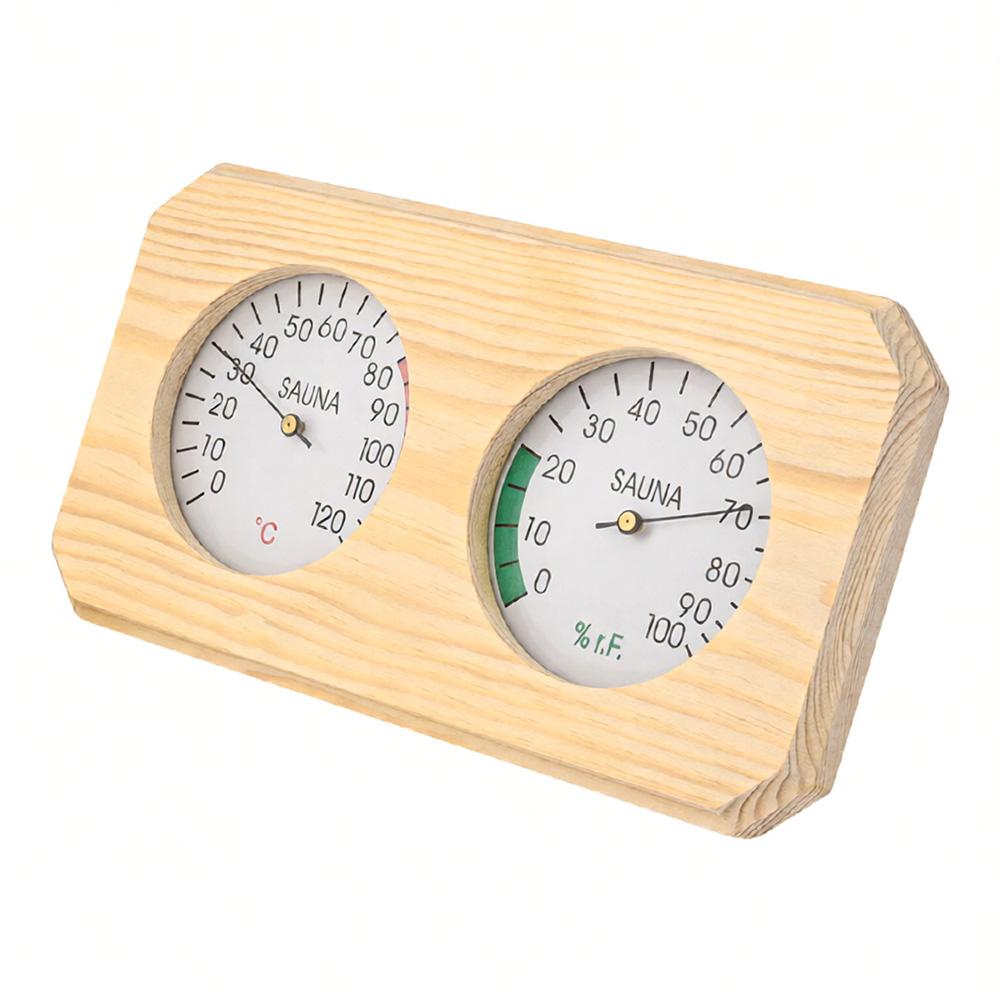 Sauna Thermometer and Hygrometer Device In Wooden Frame Designed for Keeping Track of Humidity and Temperature During Sauna Use