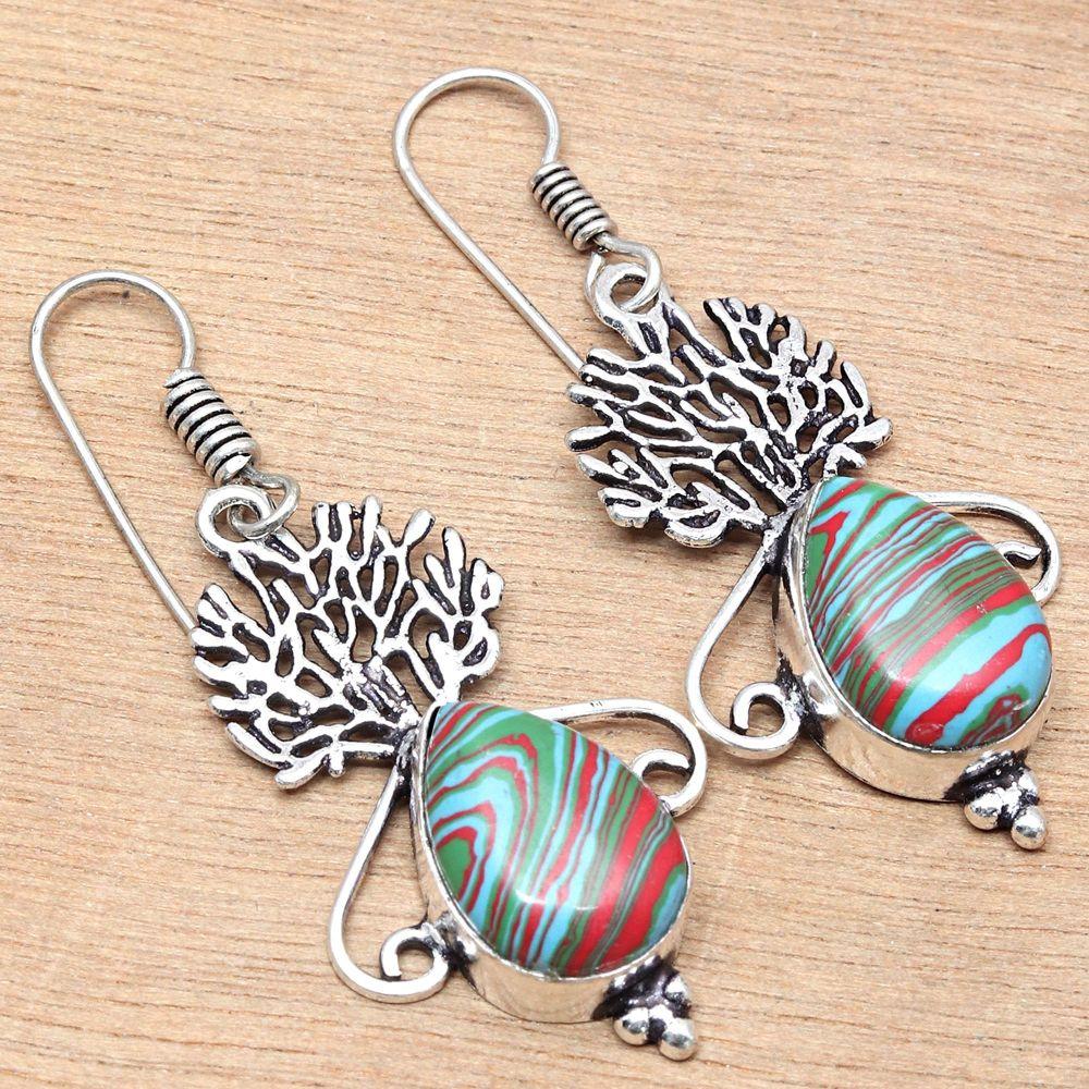 Rainbow Calsilica Gemstone Gift For Her Silver Jewelry Earrings 1.5''