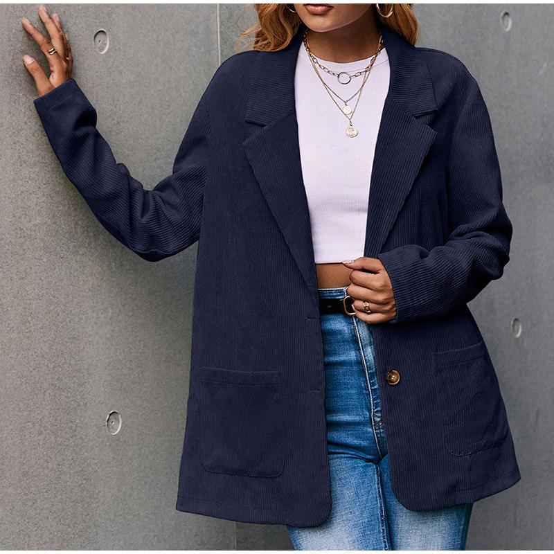 Corduroy Women Coat Autumn Winter Solid Color Long Sleeve Coats with Pockets Buttons Business Lady Outwear