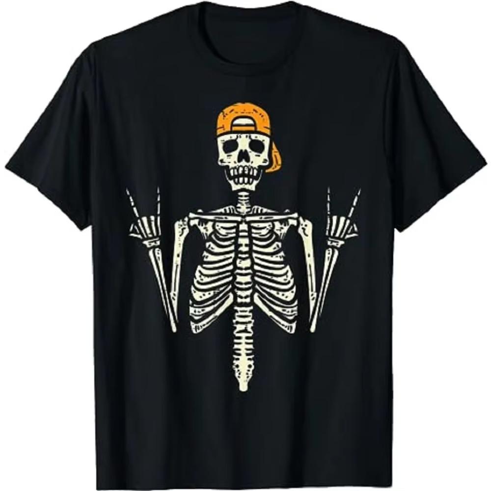 Rocker Skeleton Cap Skater Cool Halloween Punk Rock Men Boys T-Shirt